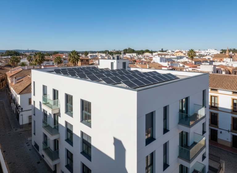 Edificio con placas solares en la azotea