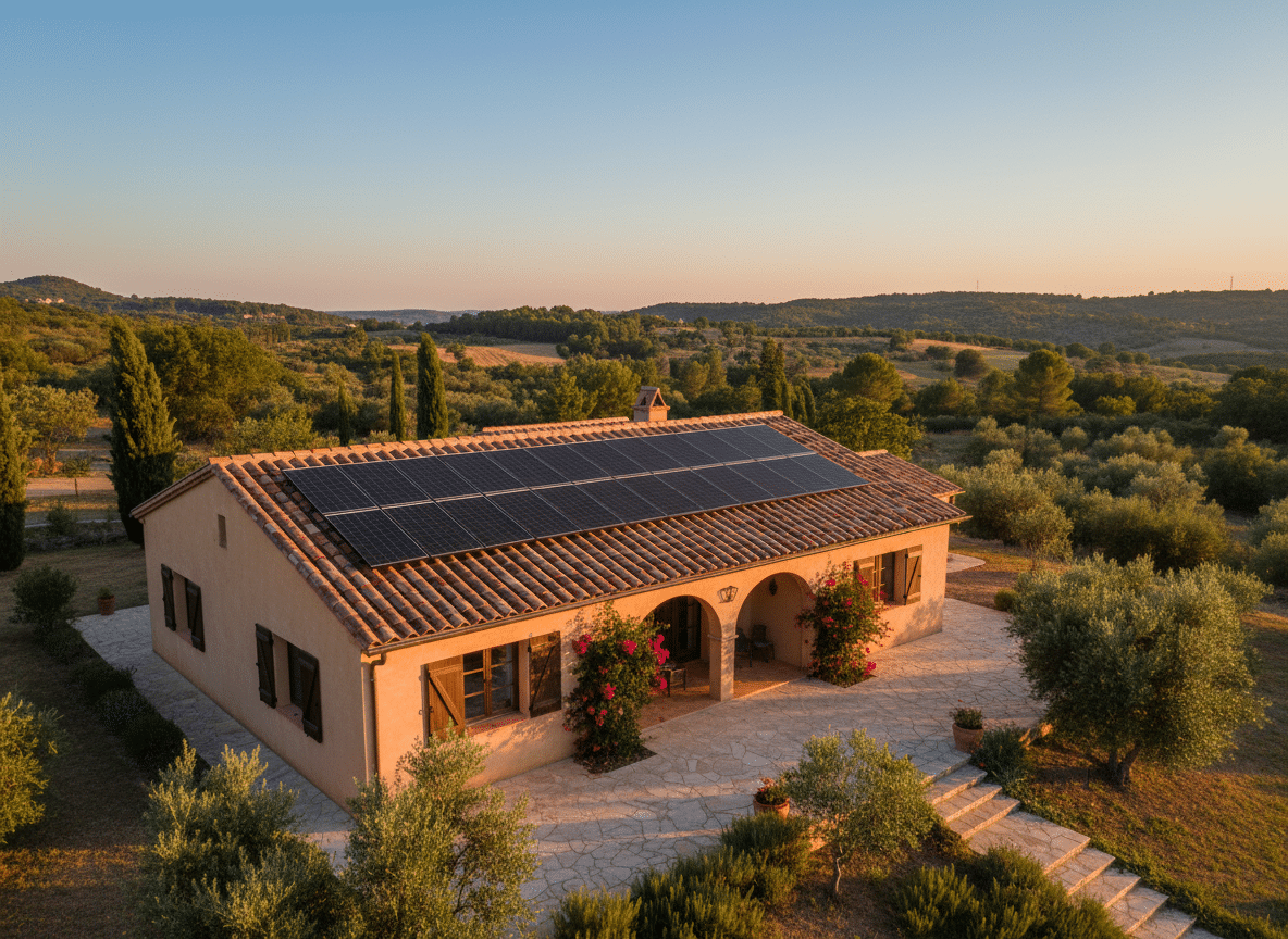 Casa con placas solares en el tejado al atardecer
